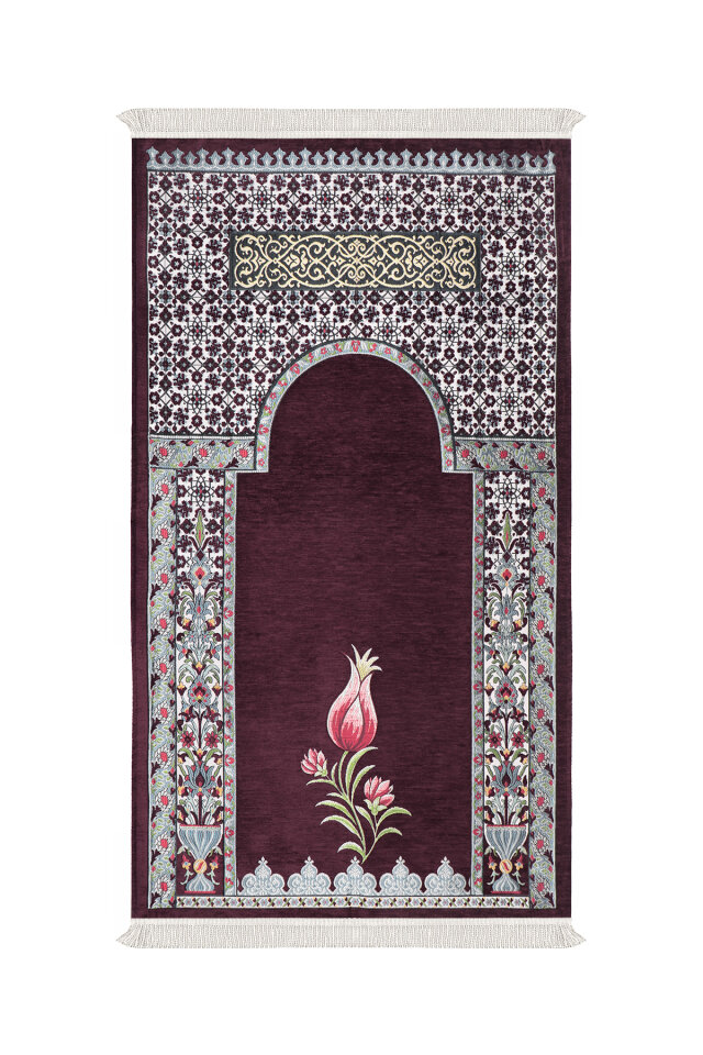 Mürdüm Osmanlı Lale Desen Kabartmalı Özel Dokuma Seccade 