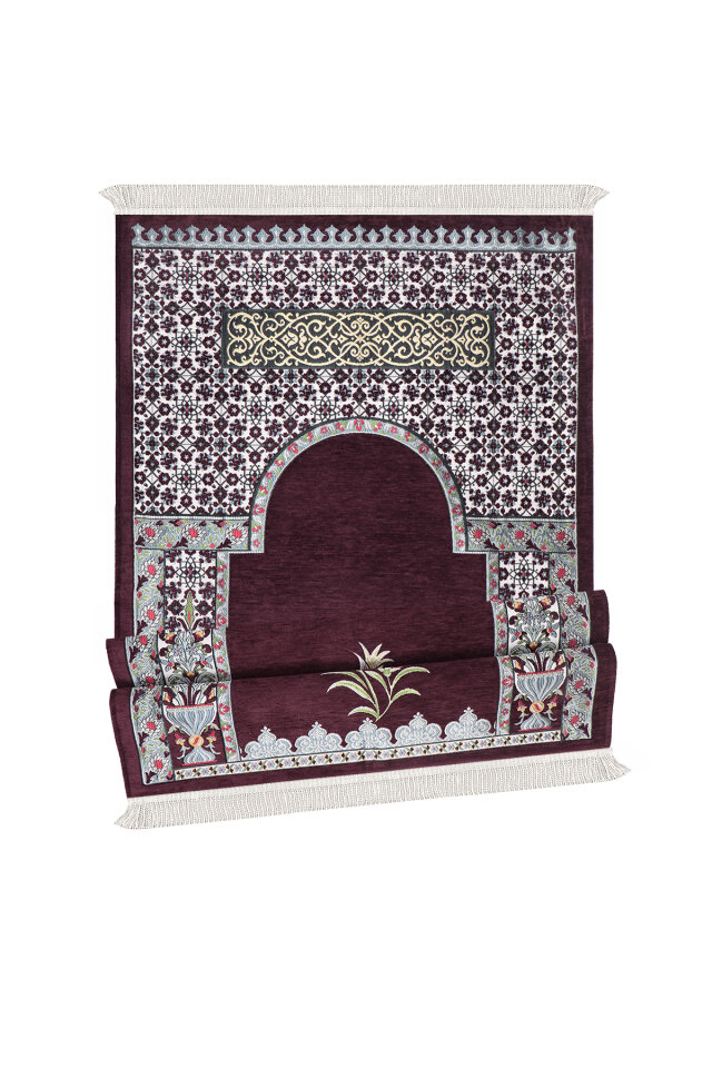 Mürdüm Osmanlı Lale Desen Kabartmalı Özel Dokuma Seccade - 4