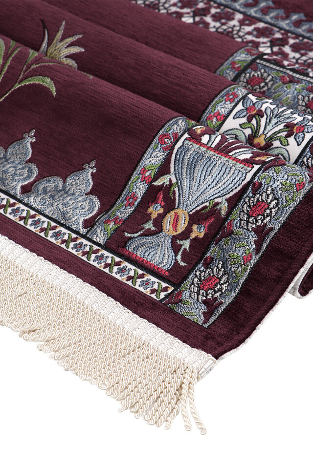 Mürdüm Osmanlı Lale Desen Kabartmalı Özel Dokuma Seccade - 3