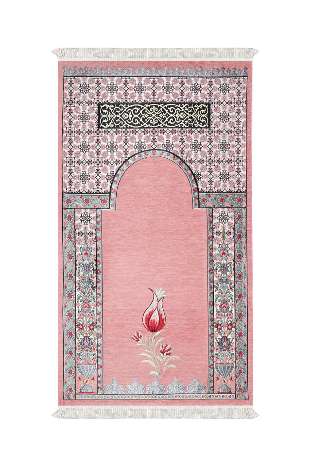 Pembe Osmanlı Lale Desen Kabartmalı Özel Dokuma Seccade 