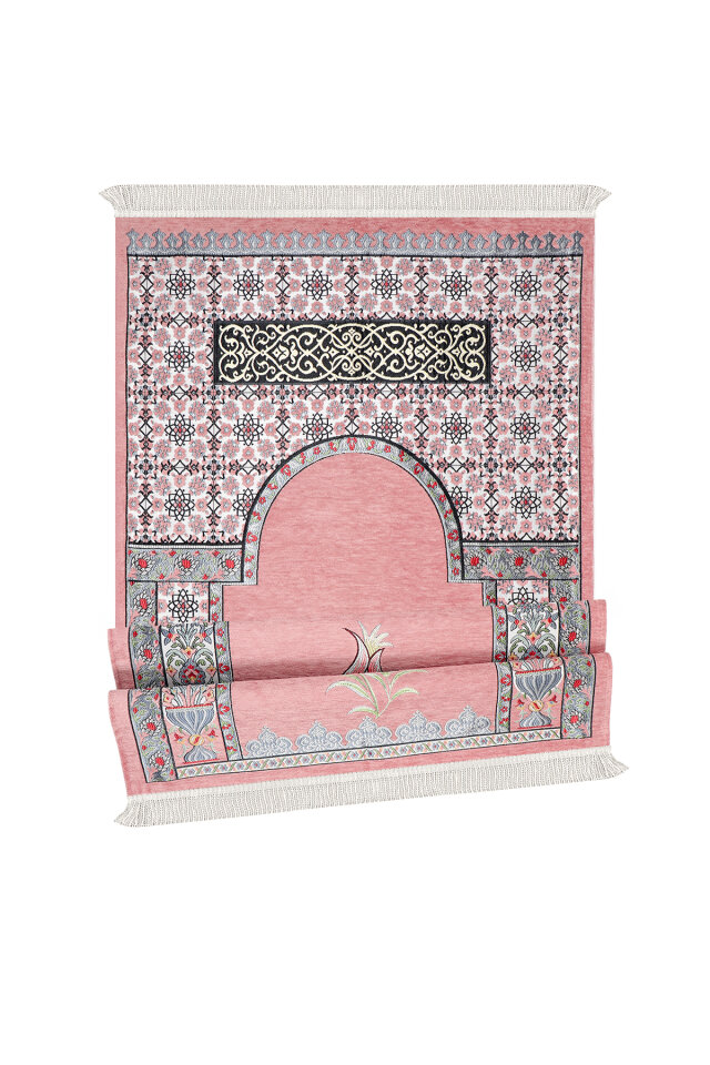 Pembe Osmanlı Lale Desen Kabartmalı Özel Dokuma Seccade - 4