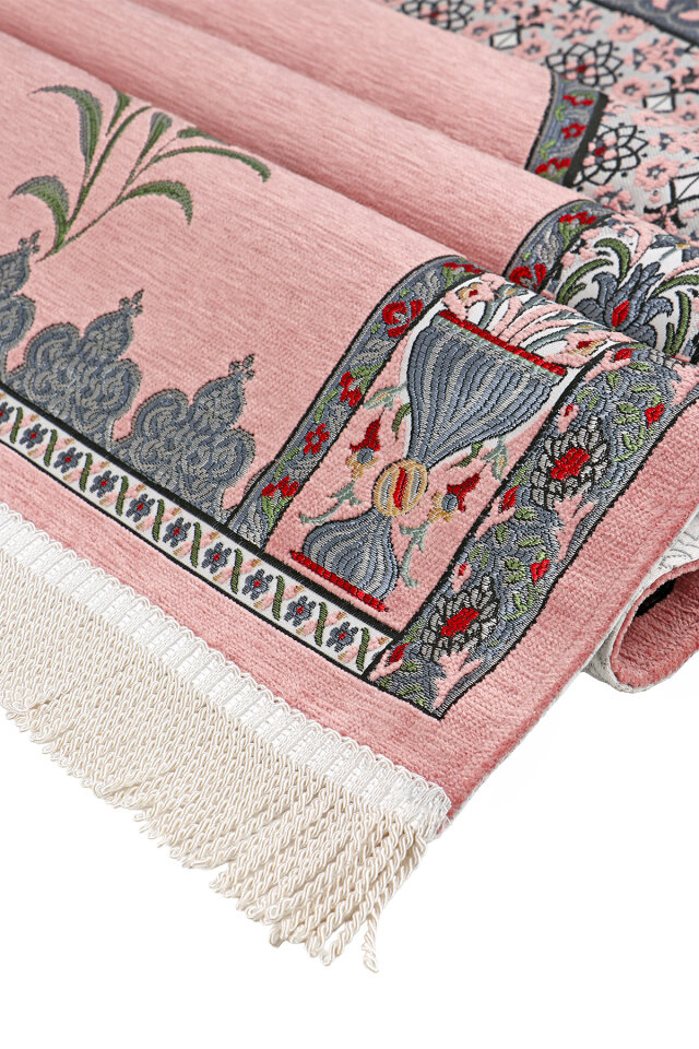 Pembe Osmanlı Lale Desen Kabartmalı Özel Dokuma Seccade - 3