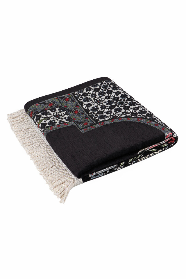 Siyah Osmanlı Lale Desen Kabartmalı Özel Dokuma Seccade - 5