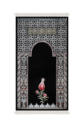 Siyah Osmanlı Lale Desen Kabartmalı Özel Dokuma Seccade 