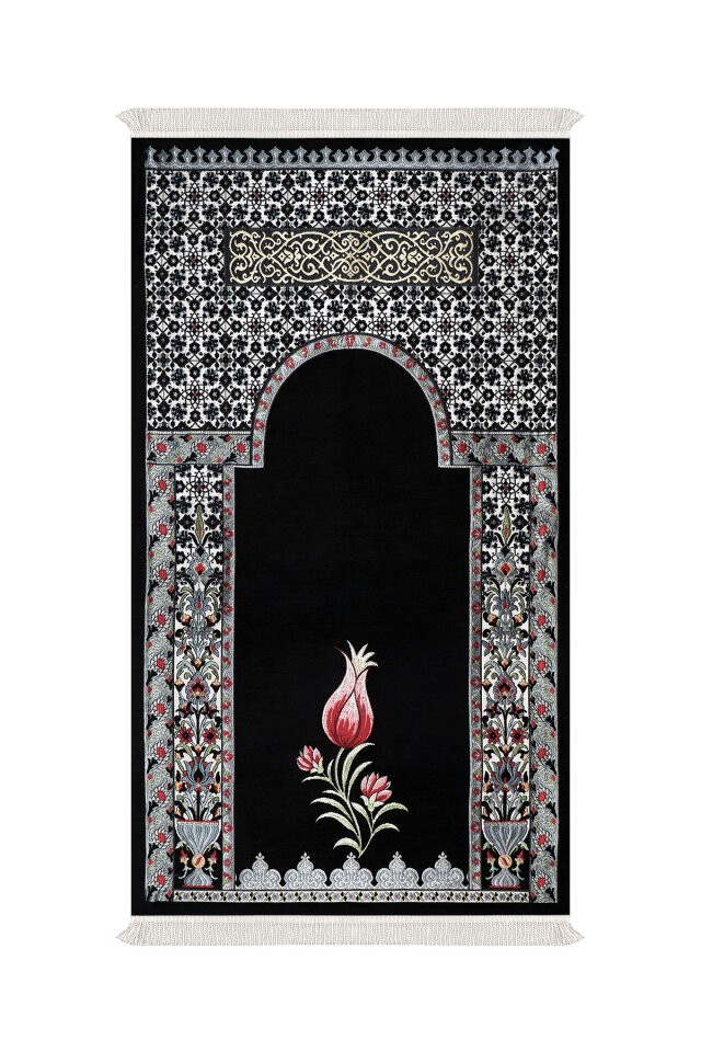 Siyah Osmanlı Lale Desen Kabartmalı Özel Dokuma Seccade 