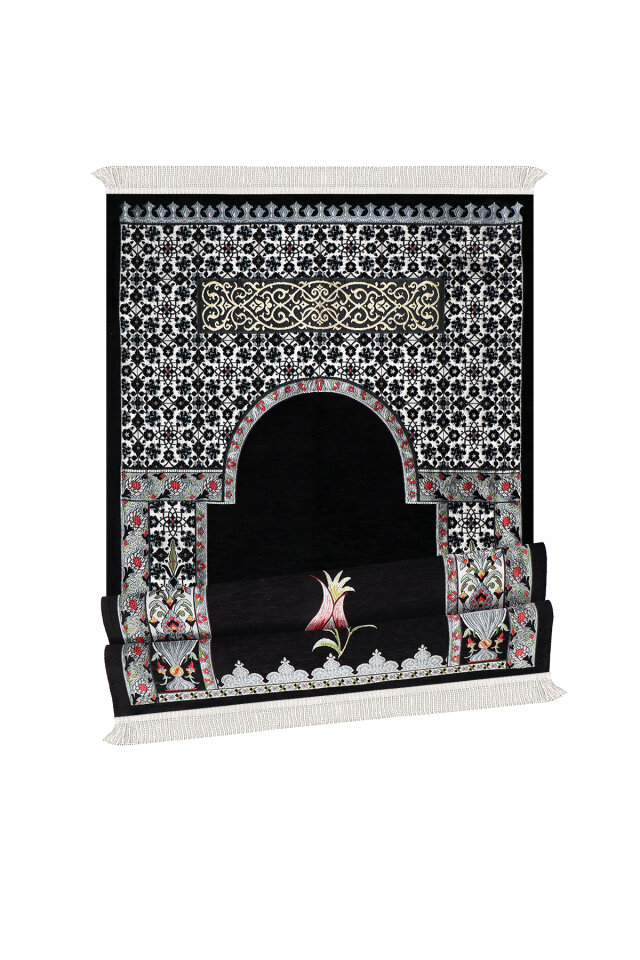 Siyah Osmanlı Lale Desen Kabartmalı Özel Dokuma Seccade - 4