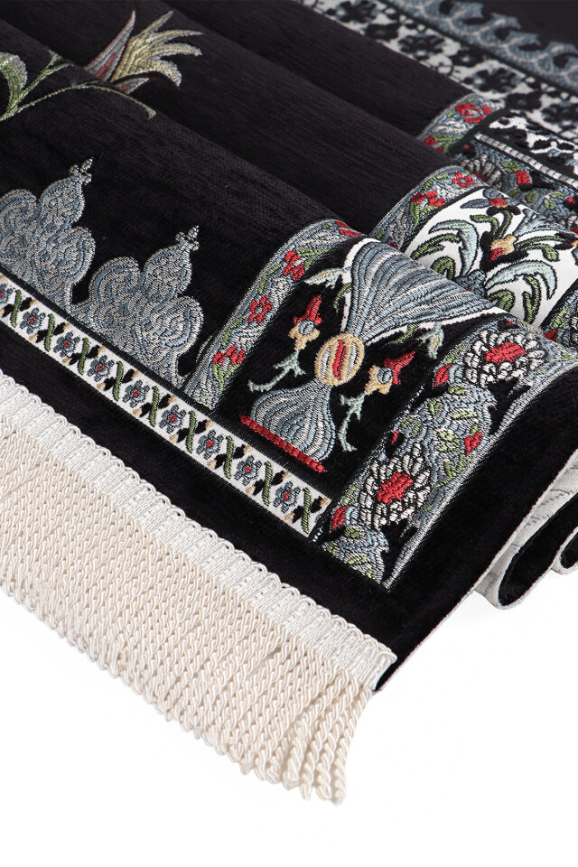 Siyah Osmanlı Lale Desen Kabartmalı Özel Dokuma Seccade - 3