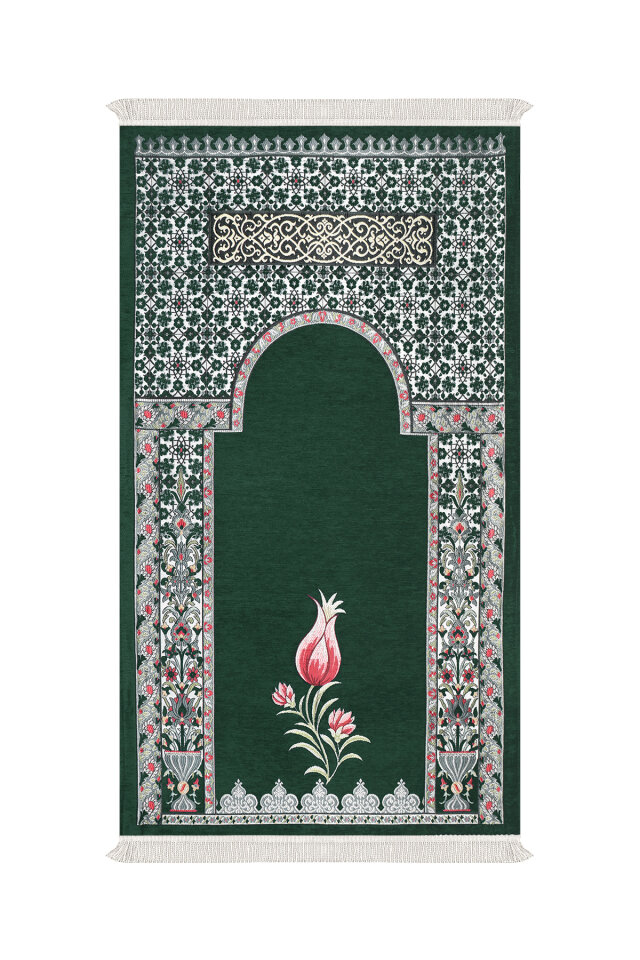 Zümrüt Osmanlı Lale Desen Kabartmalı Özel Dokuma Seccade 