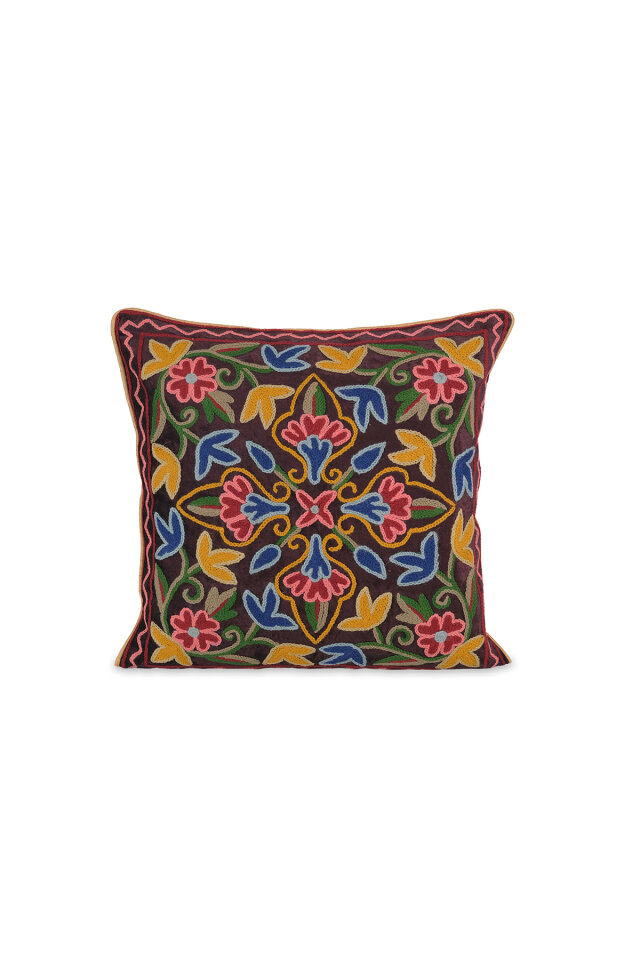 Acı Kahve İşlemeli Kadife Kırlent - Bursa İpek