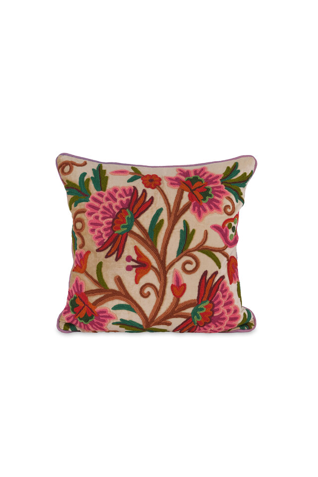 Bej İşlemeli Kadife Kırlent - Bursa İpek