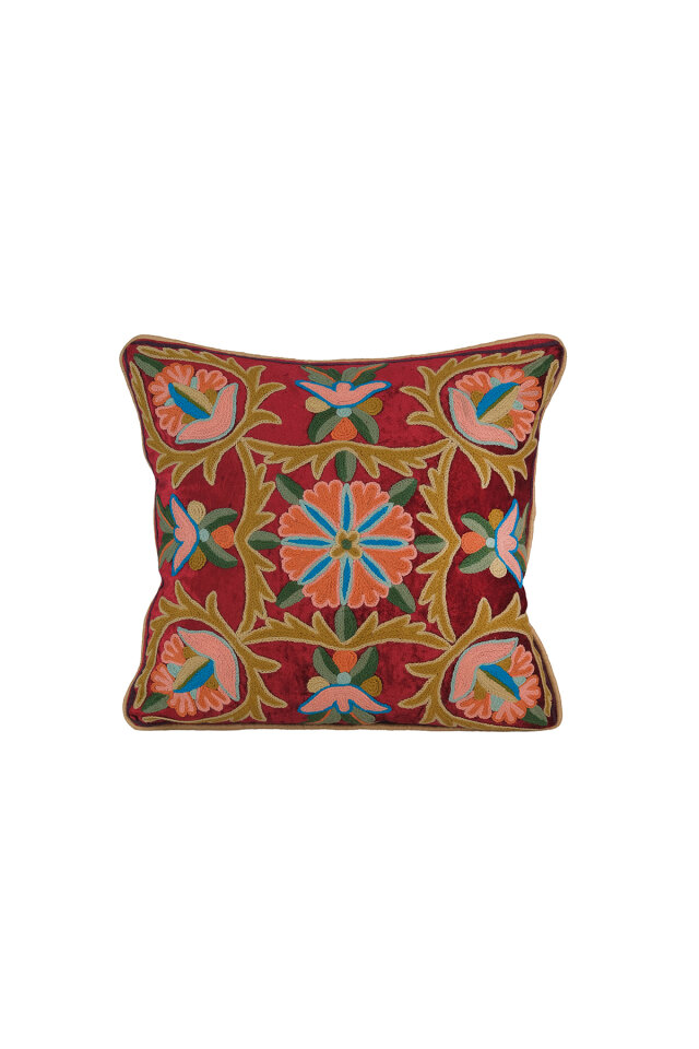 Bordo İşlemeli Kadife Kırlent - Bursa İpek