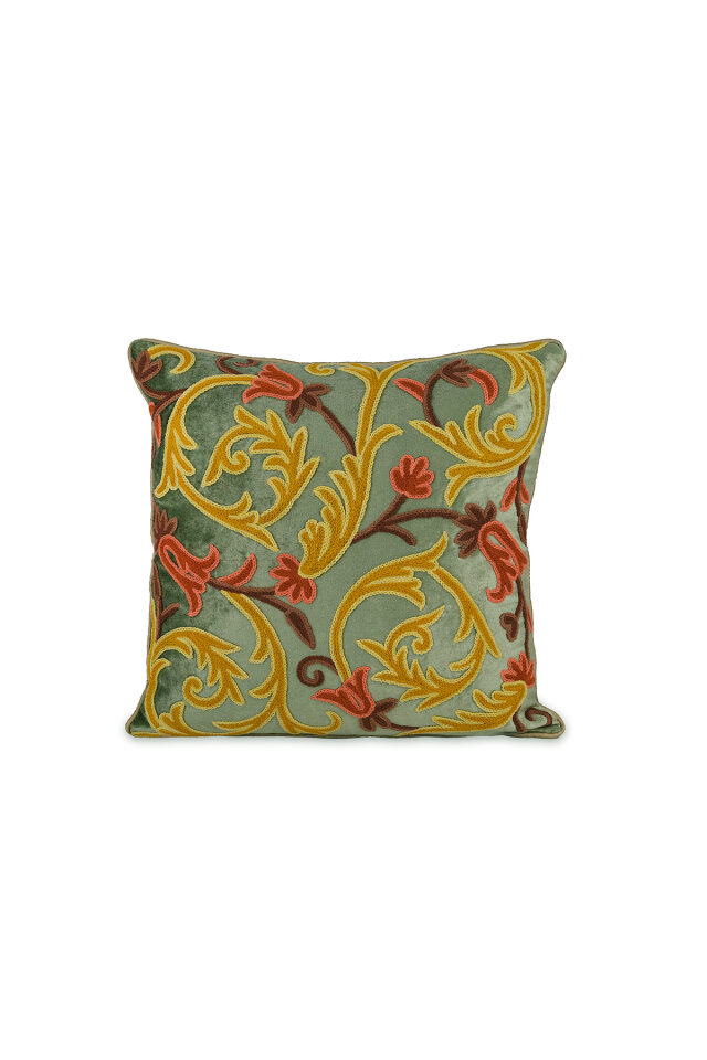 Yeşil İşlemeli Kadife Kırlent - Bursa İpek