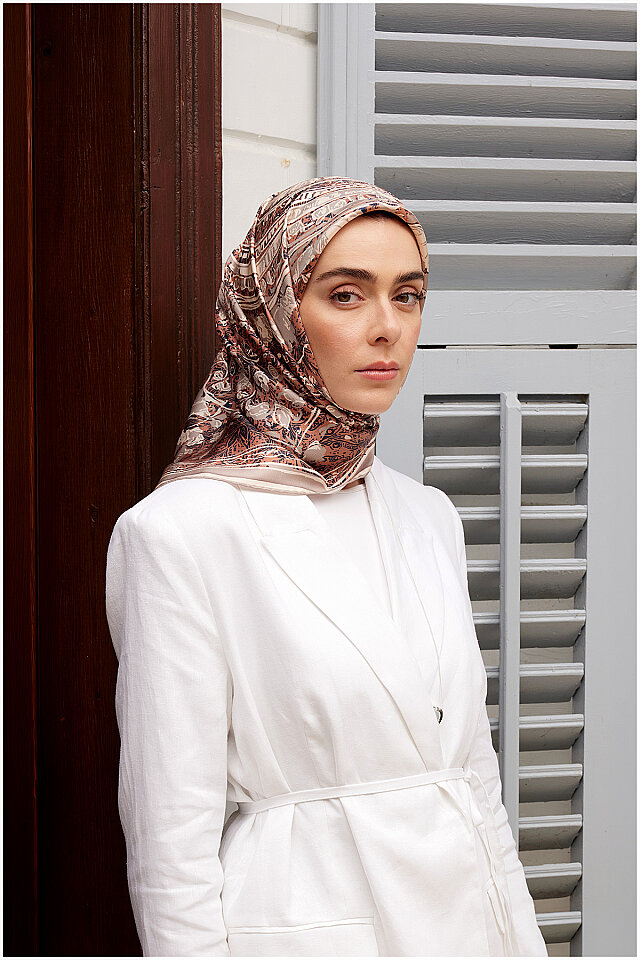 Latte Kadim Desen Twill İpek Eşarp - Bursa İpek