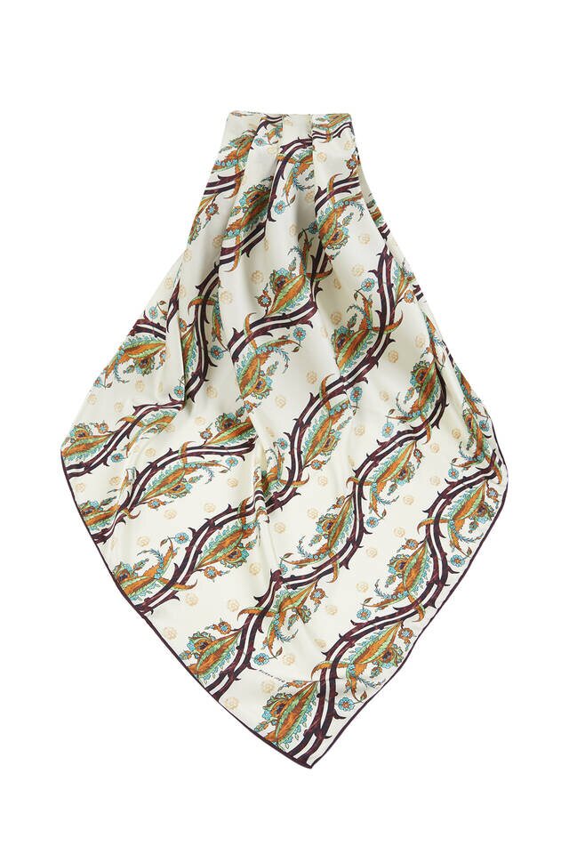 Kahverengi Turuncu Türk Motifli Sarmaşık Desen İpeksi Eşarp - 3