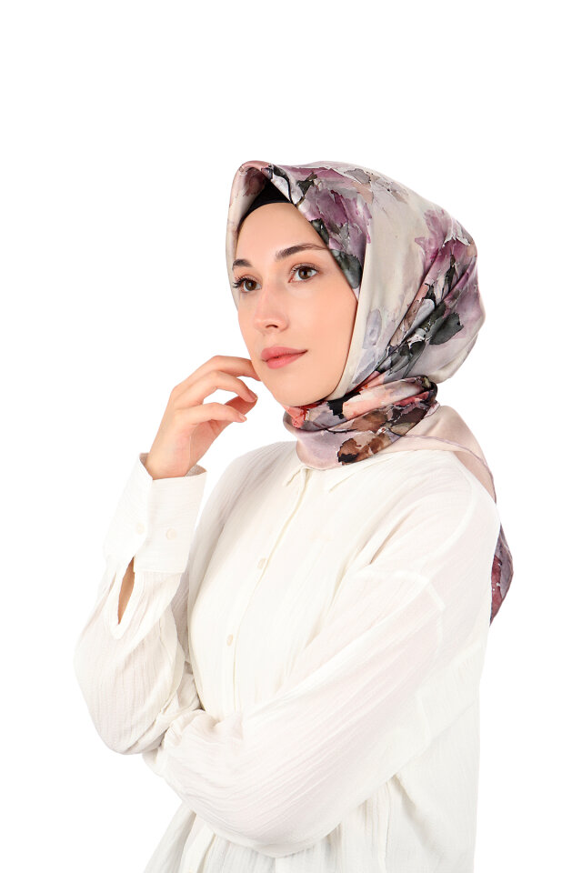 Lila Kamelya Desen Sura İpek Eşarp - Bursa İpek