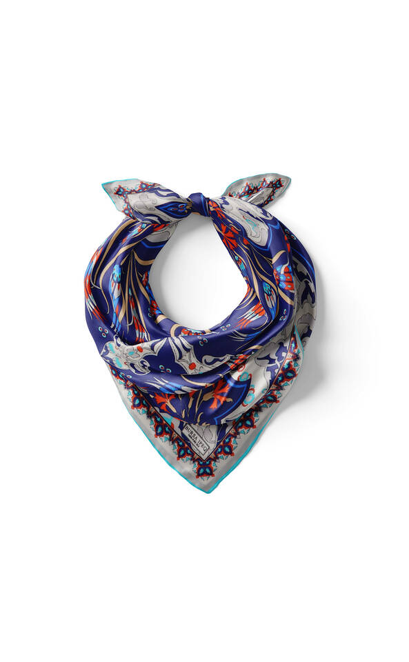 Lacivert Ekru Karanfil Lale Desen İpek Mendil - 2