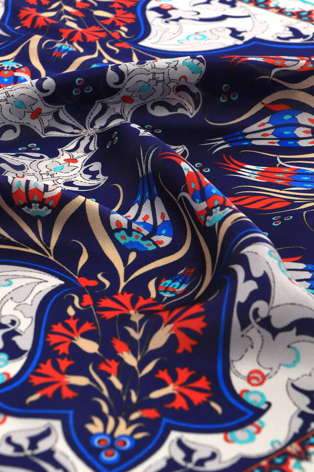 Lacivert Ekru Karanfil Lale Desen İpek Mendil - 3