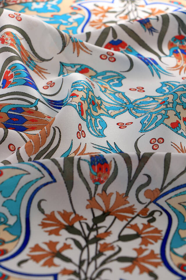 Turkuaz Ekru Karanfil Lale Desen İpek Mendil - 3