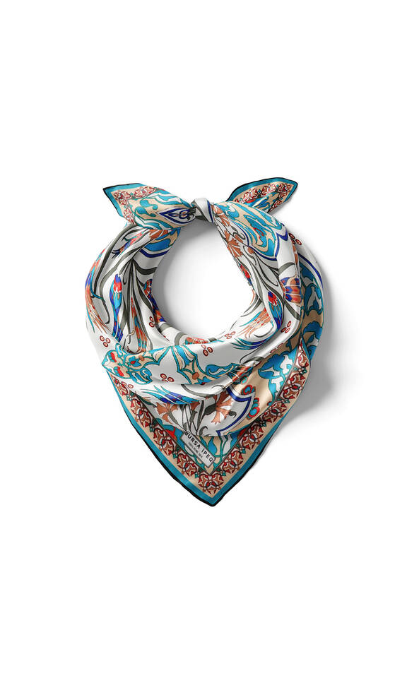 Turkuaz Ekru Karanfil Lale Desen İpek Mendil - 2