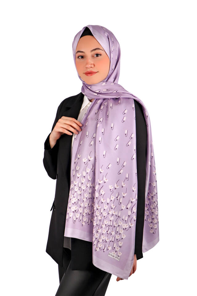 Lila Kardelen Desen Twill İpek Şal - 2