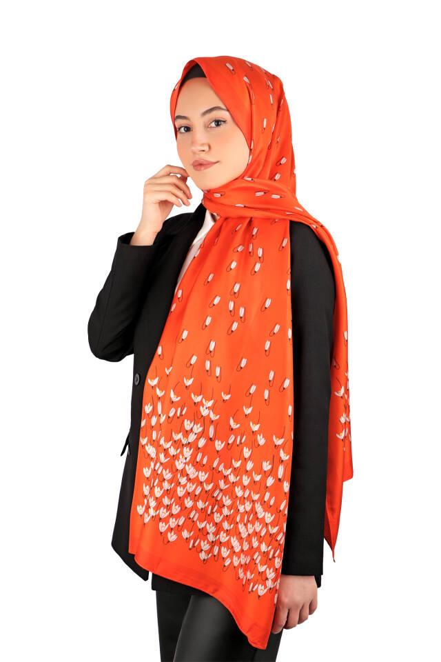 Turuncu Kardelen Desen Twill İpek Şal - 2