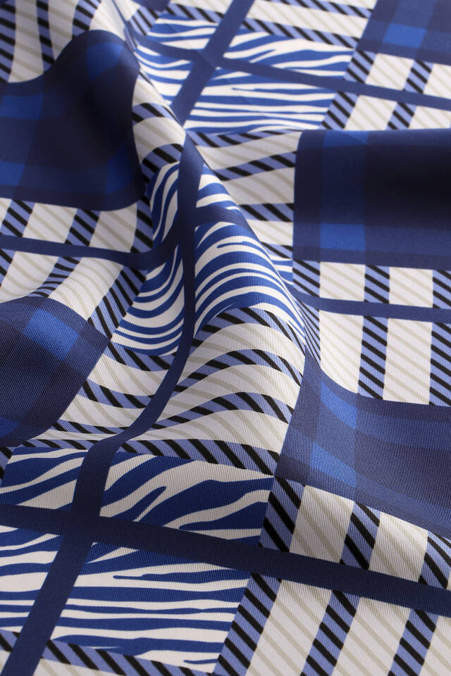 Lacivert Karo Desen Twill İpek Eşarp - 2