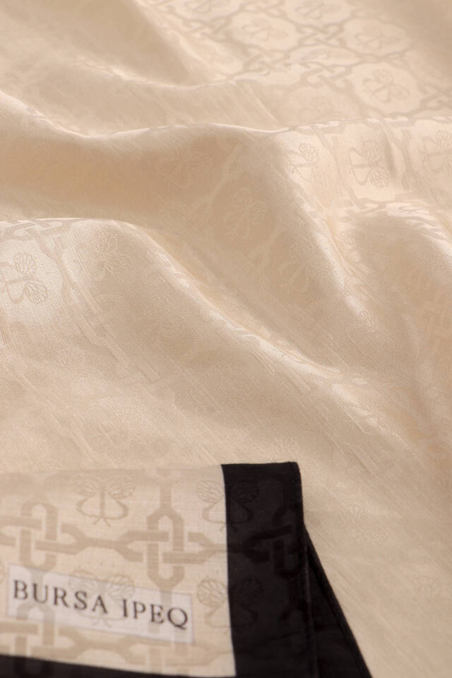 Krem Kelebek Monogram Desen İpek Pamuk Şal - 4