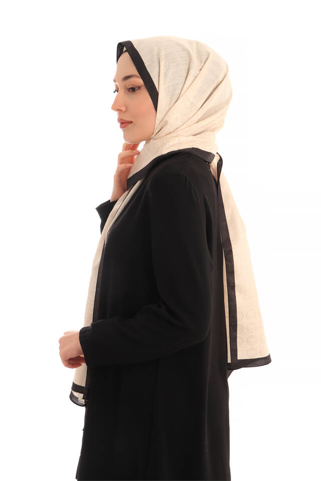 Krem Kelebek Monogram Desen İpek Pamuk Şal - 2