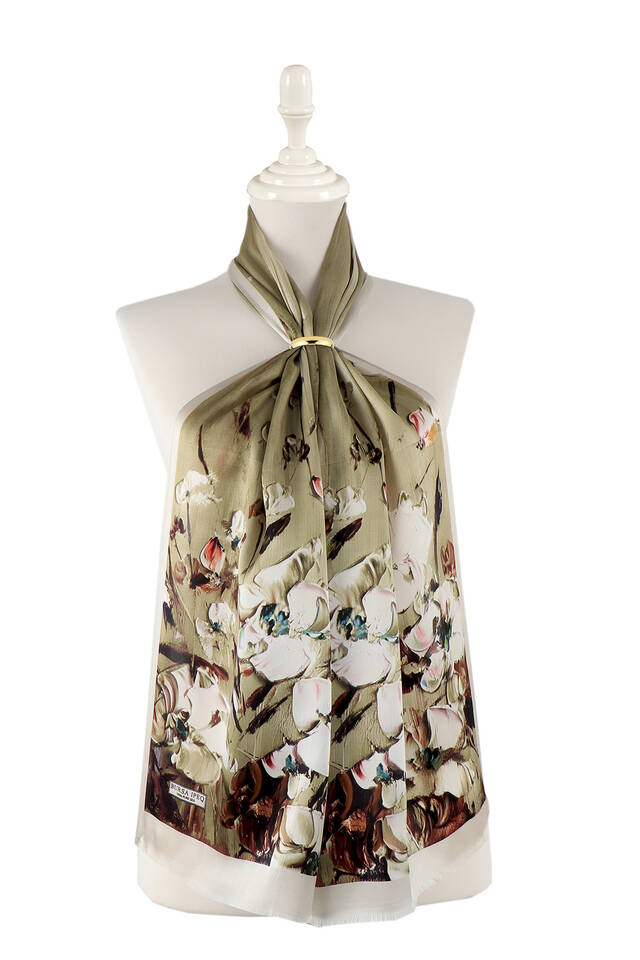 Khaki Anemone Pattern Silk Foulard - Bursa İpek