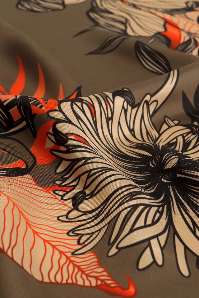 Khaki Çağla Pattern Twill Silk Square Scarf - 3