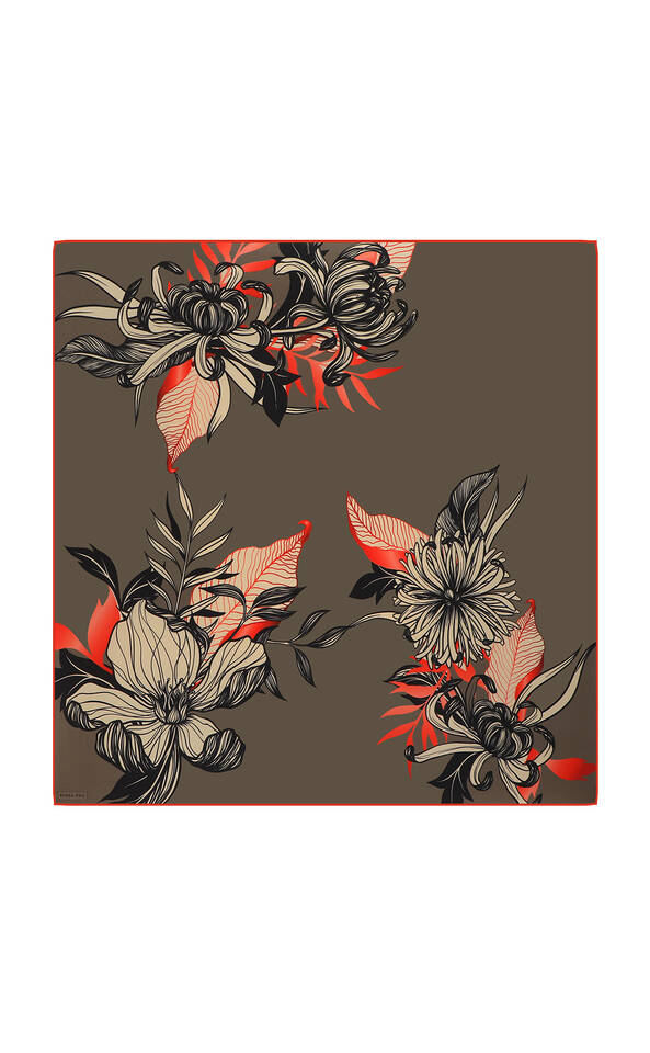 Khaki Çağla Pattern Twill Silk Square Scarf - 2