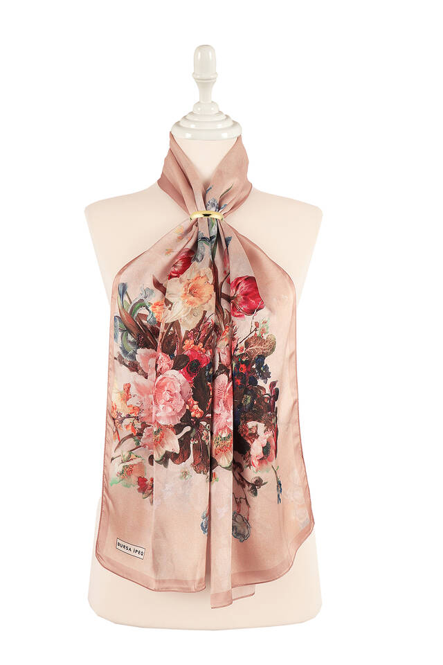 Khaki Floral Narrow Silk Foulard - Bursa İpek
