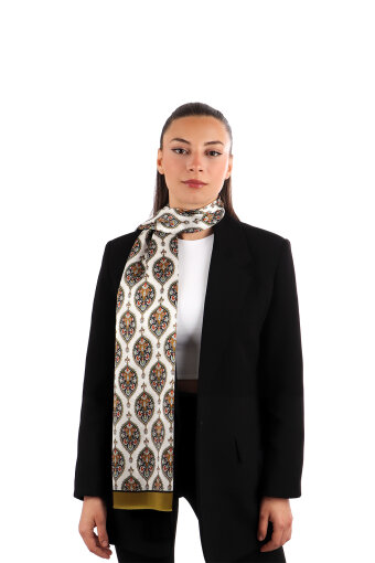 Khaki Hatai Pattern Narrow Silk Foulard 