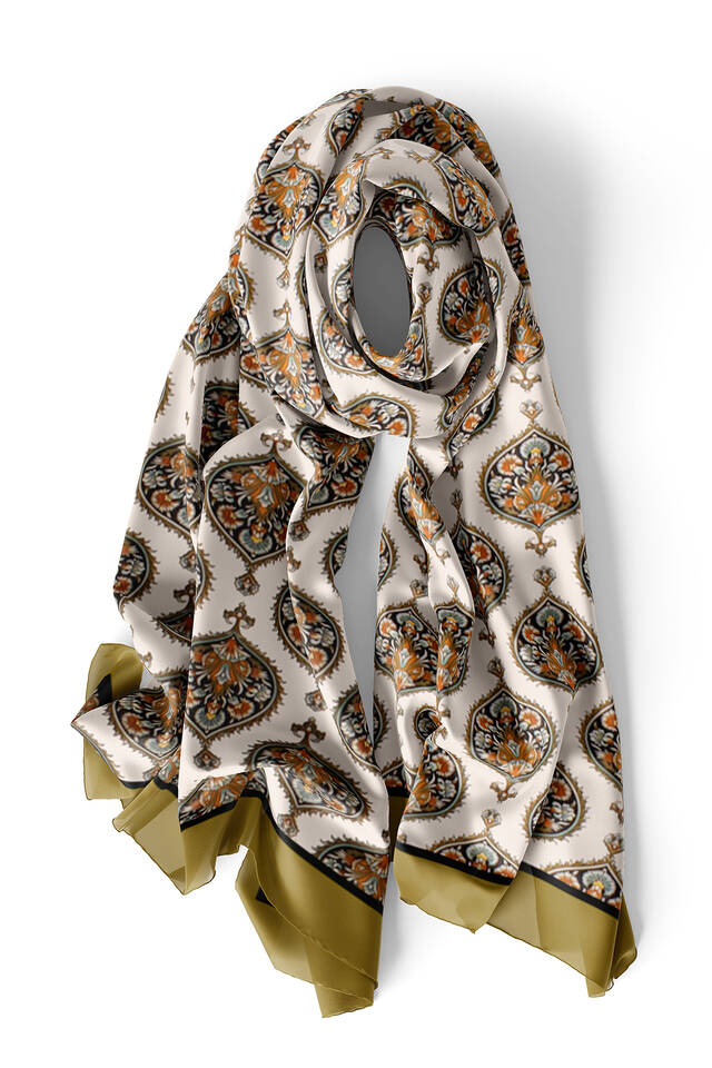 Khaki Hatai Pattern Silk Foulard - 3