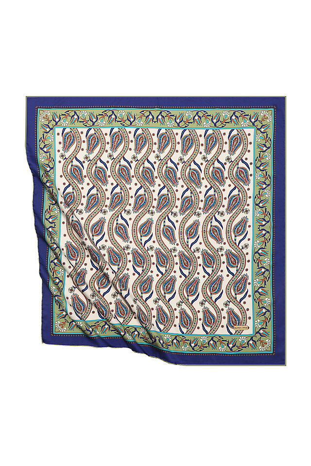 Khaki Ivy Tulip Pattern Silky Square Scarf - Bursa İpek