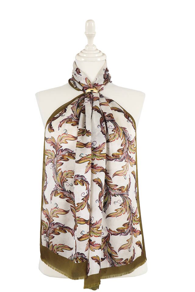 Khaki Leaf Pattern Silk Scarf - Bursa İpek