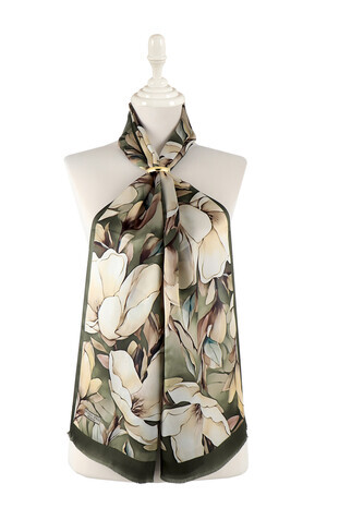 Khaki Narcissus Pattern Silk Foulard 