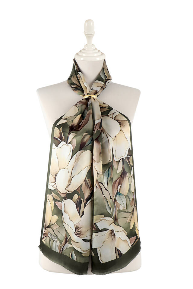Khaki Narcissus Pattern Silk Foulard - 2
