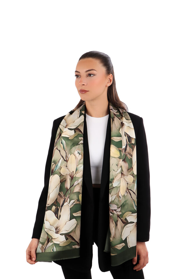 Khaki Narcissus Pattern Silk Foulard 