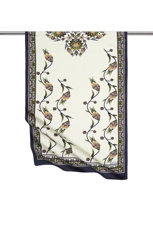 Khaki Navy Blue Row Tulip Pattern Wide Silky Foulard 
