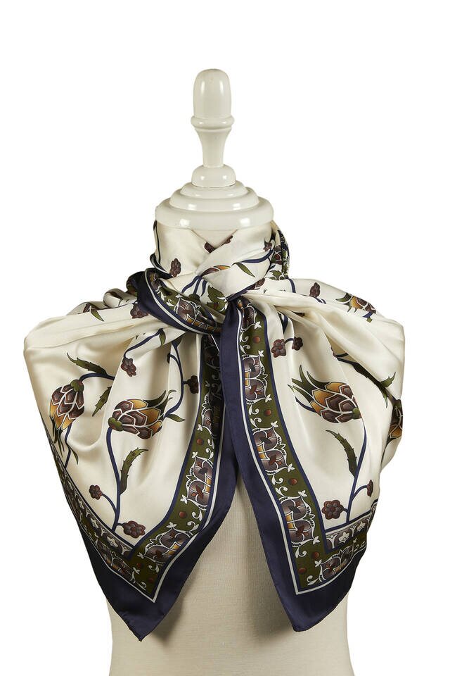 Khaki Navy Blue Row Tulip Pattern Wide Silky Foulard - 2