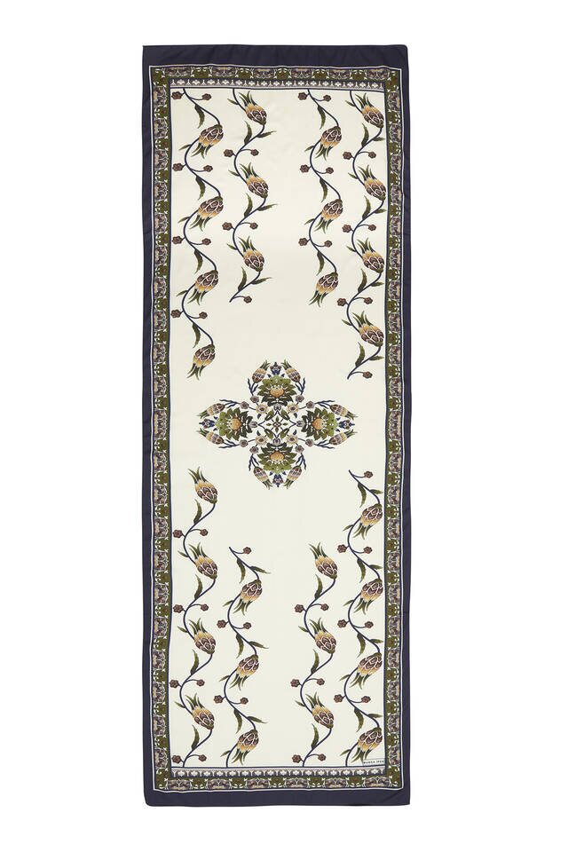 Khaki Navy Blue Row Tulip Pattern Wide Silky Foulard - 4