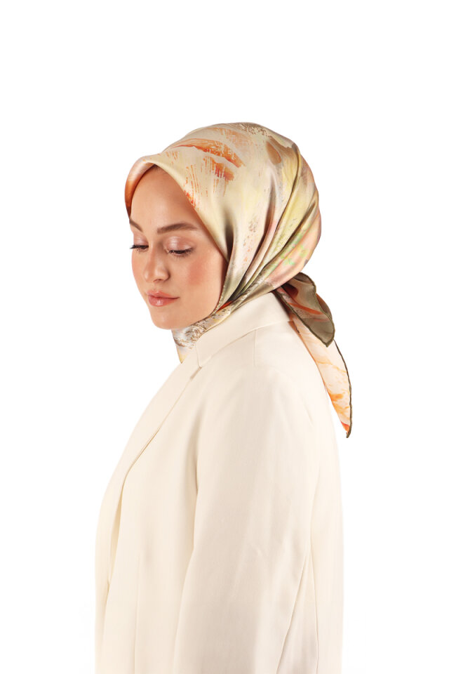 Khaki Pastel Pattern Sura Silk Scarf - 2