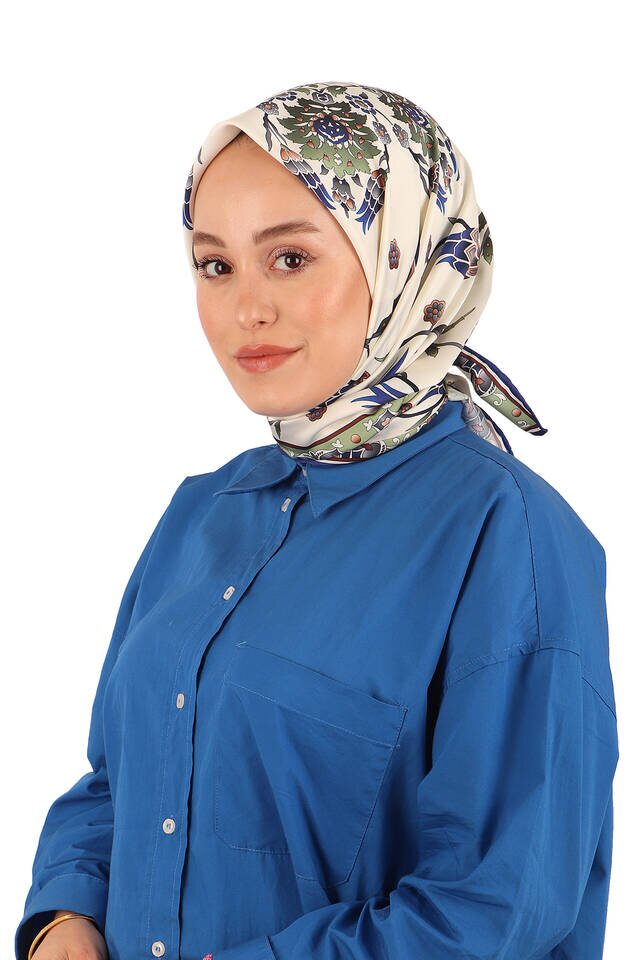 Khaki Tulip Pattern Silky Square Scarf - 2