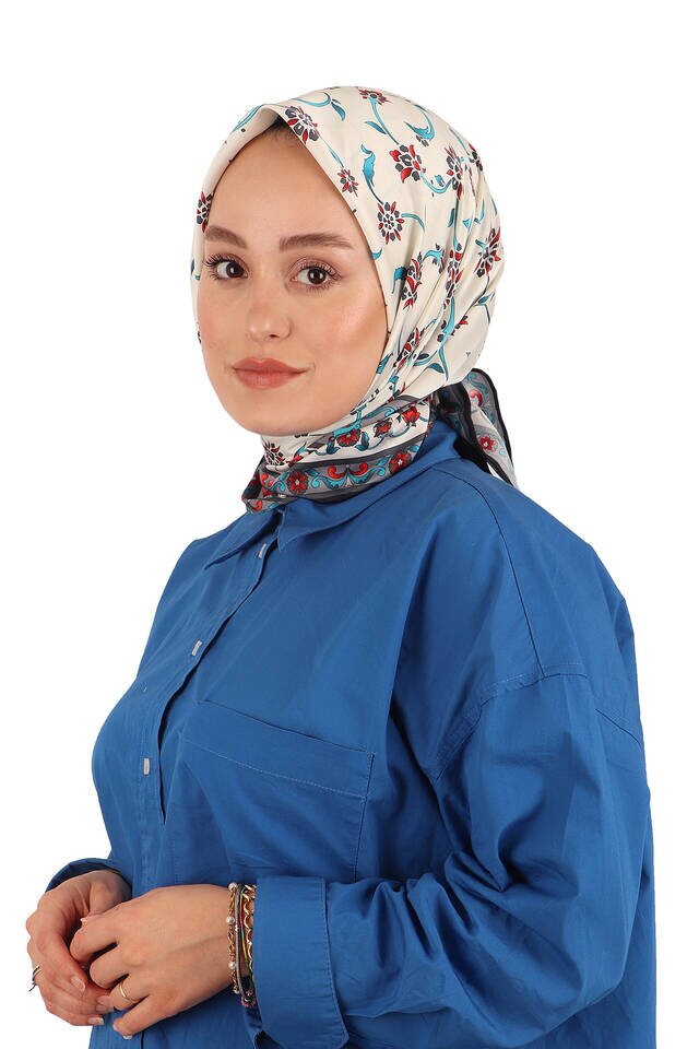 Gri Kır Çiçeği Desen İpeksi Eşarp - 2