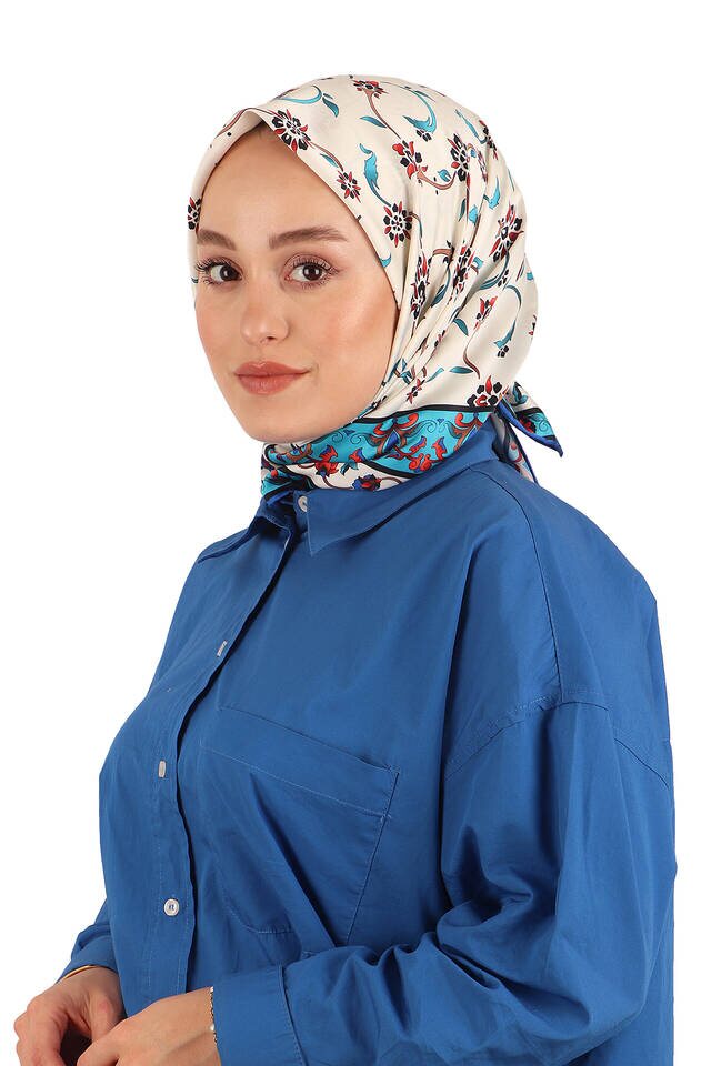 Turkuaz Kır Çiçeği Desen İpeksi Eşarp - 2