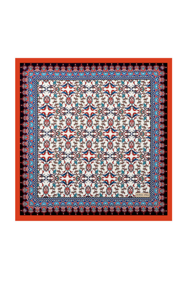 Kırmızı Çini Lale Desen İpeksi Mendil 