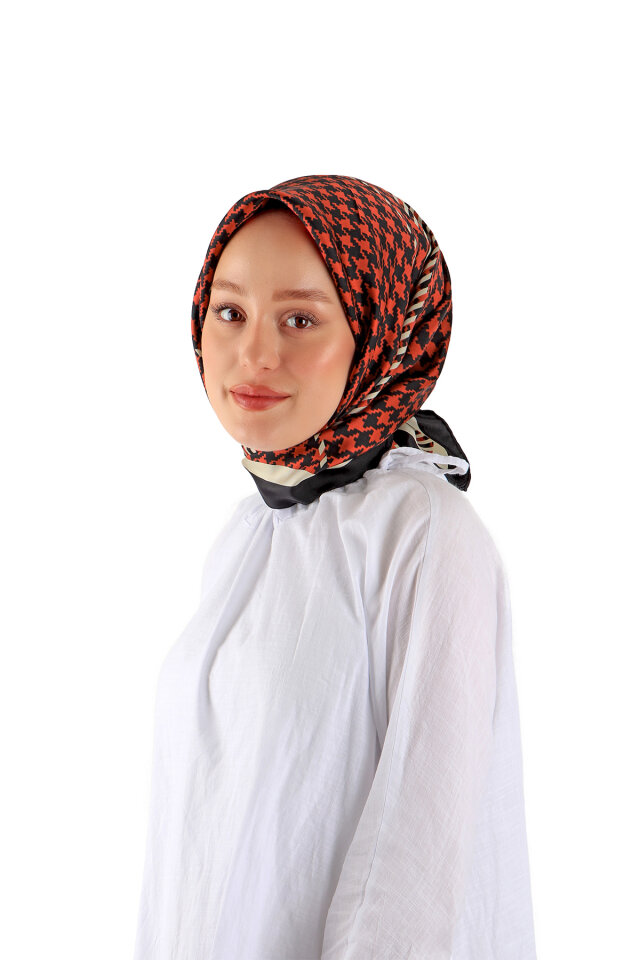 Kırmızı Çizgi Kazayağı Desen Twill İpek Eşarp 