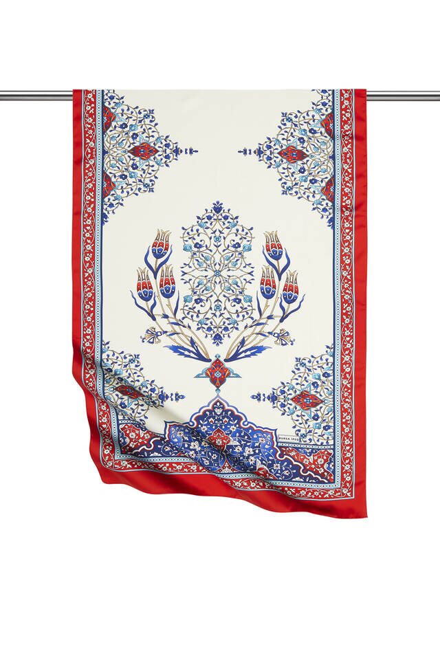 Kırmızı Şamdan Desen Geniş İpeksi Fular 