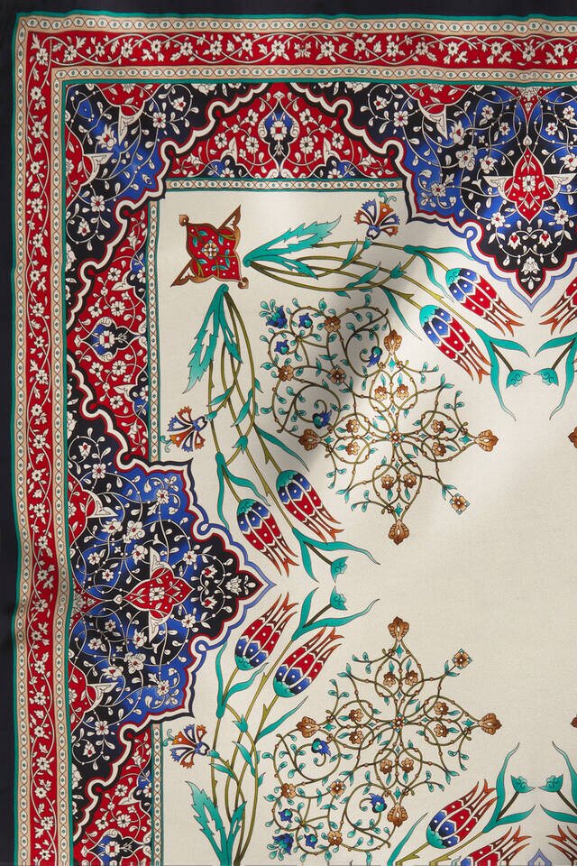 Kırmızı Lacivert Şamdan Lale Desen İpek Eşarp - 4